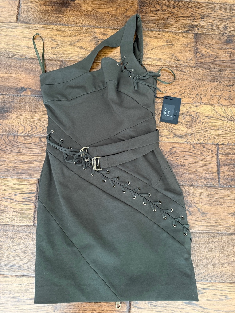 Asymmetric One-Shoulder Olive Green Lace-Up Dress